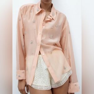 ZARA BEIGE-PINK OVERSIZED GEM POPLIN SHIRT RHINESTONE